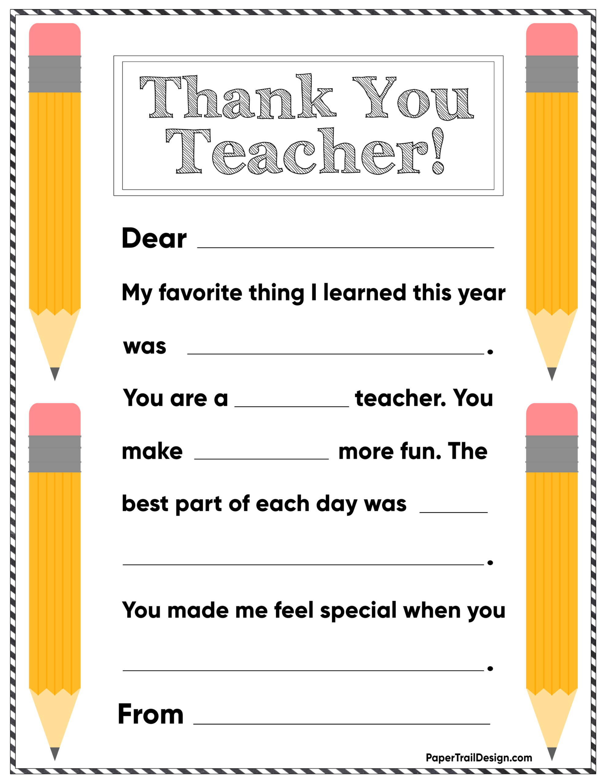 free printable thank you card {teacher} - paper trail design